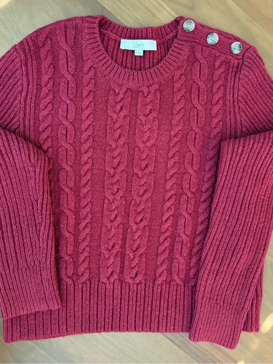 LOFT Sweaters - LOFT Cable-Knit Crew Sweater with Shoulder Buttons - Berry